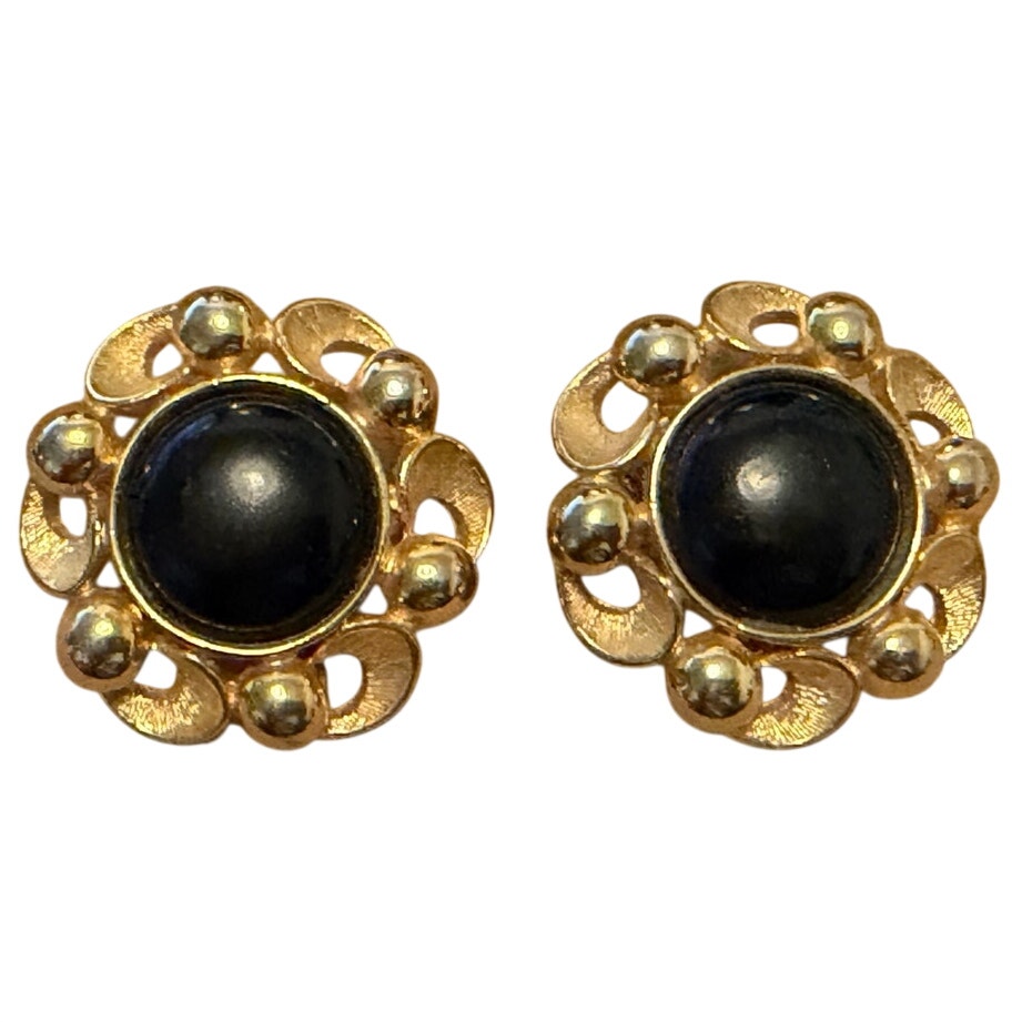 Paolo Gucci Gold-Toned Black Onyx Clip-Back Earrings, Vintage